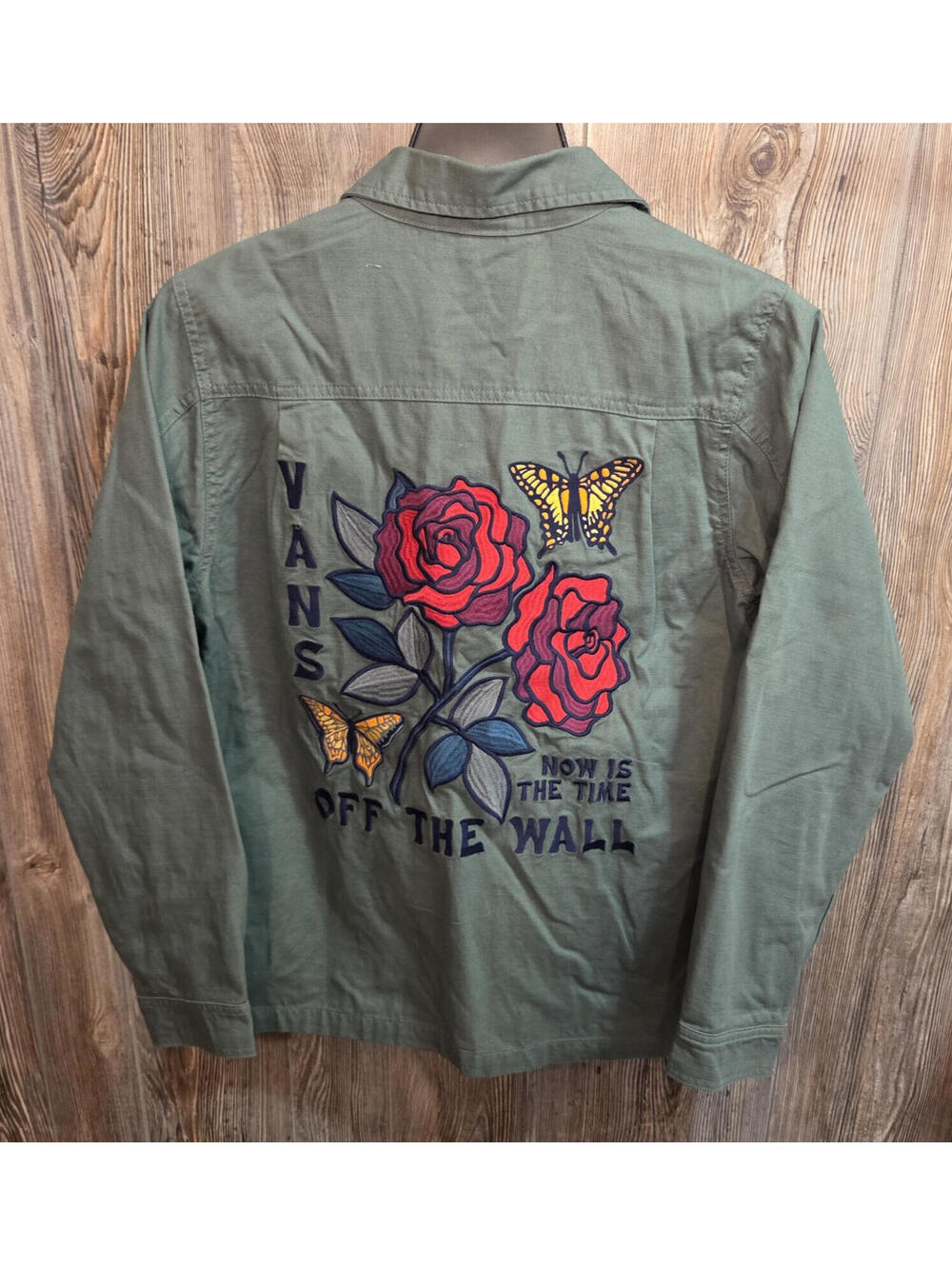 Vans Off the Wall Green Denim Jacket Size Sm Embroidered Butterfly & Roses Y2K